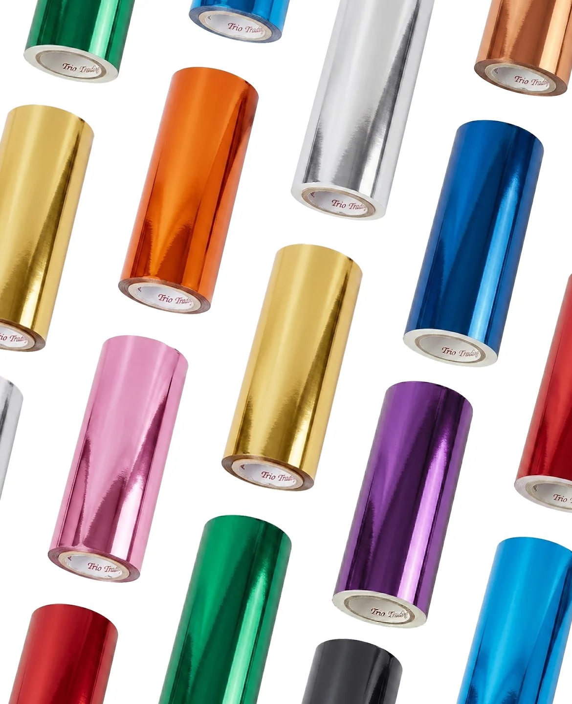 Rows of colorful metallic foil rolls
